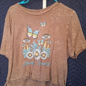 Brown Graphic Tee with Butterflies and Flowers
